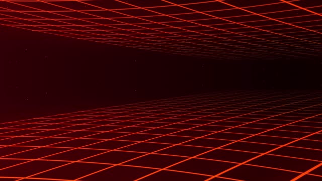 Geometric animated background of orange abstract lines. Data stream. Movement effect. Checkered field. Reference mirror 3D retro mesh. 4k animation