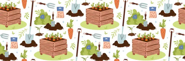 Vector illustration of Spring farming and gardening Pattern. Carrot seedling in wooden box. Growing vegetables. Compost.