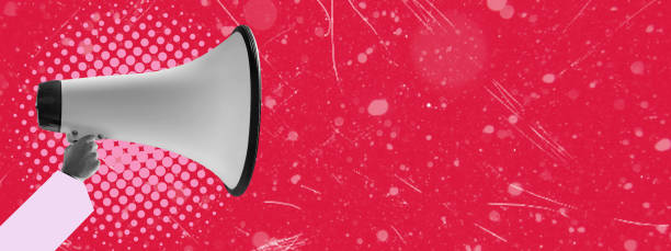 istock Contemporary art collage. Creative design. Female hand with megaphone on red background. New information, notes. 2119381081