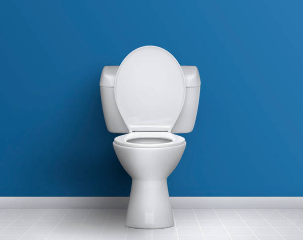 istock Ceramic toilet bowl near blue wall 2119386750