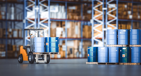 forklift truck transports blue barrels in a logistic center aisle. 3d render