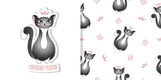 Vector illustration of Set of card and seamless pattern with cute grey cat on white background. Queen, princess cat, very important person. Vector illustration for children.