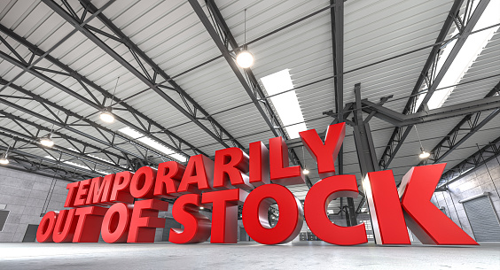 red temporarily out of stock sign inside an empty industrial warehouse. 3d render