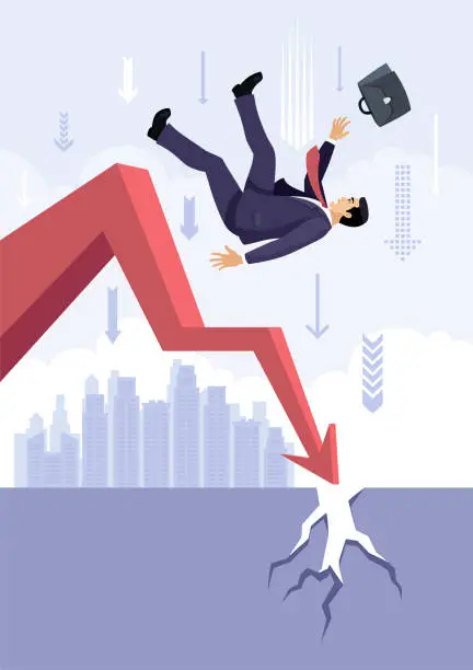 Vector illustration of Unrecoverable losses, business setbacks, investment missteps, economic downturns, or crises. Businessmen falling.