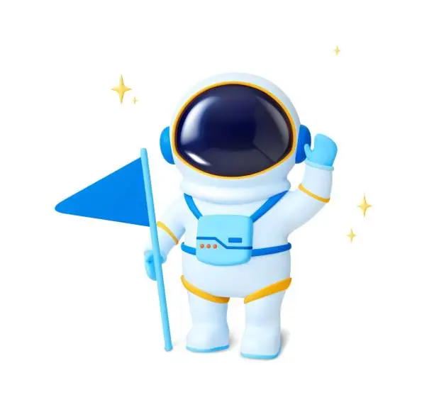 Vector illustration of Astronaut 3d character. Isolated spaceman in suit standing with flag and around him stars. Realistic render vector cosmonaut, exploring space