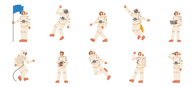 Astronaut characters. Astronauts different poses, cartoon cosmonauts working. Space and universe exploration, spacemen in suits snugly vector set of astronaut character illustration