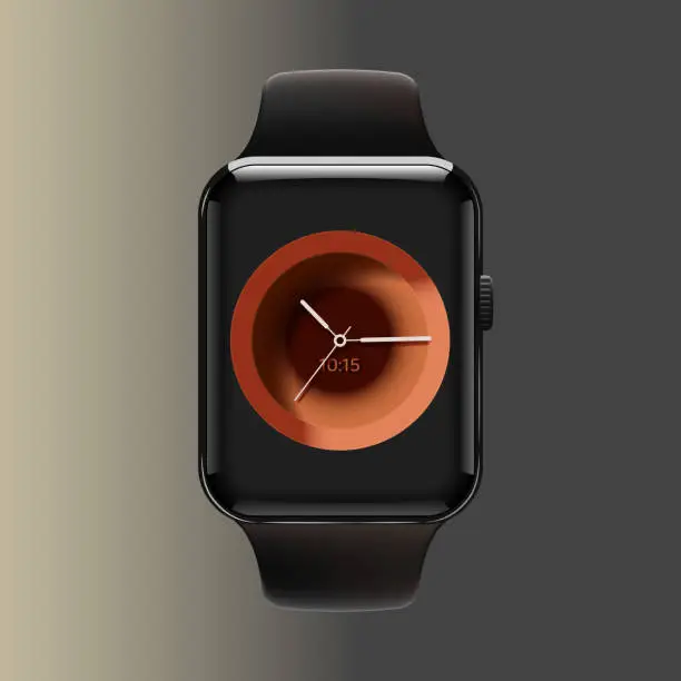Vector illustration of Realistic smart electronic watch in black with an orange dial with arrows.