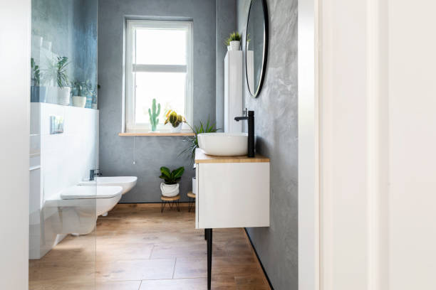 istock Design bathroom with window in industrial style in loft apartment. 2119440200