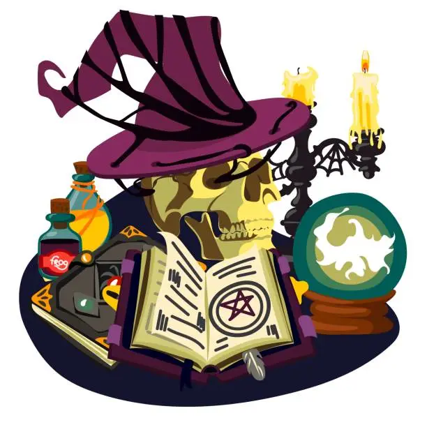 Vector illustration of A fortune teller's table with magical items. Esoteric and mystical recipes. Cartoon. Magic ball, skull, potions, candles, candlestick, crystals, magic book, witch's hat. Still life for divination