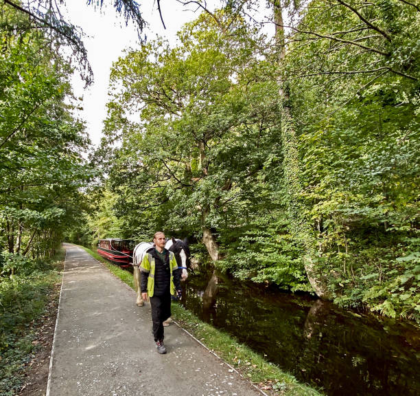 View of a horse drawn boat in Llangollen, UK. A man can be seen with the horse.