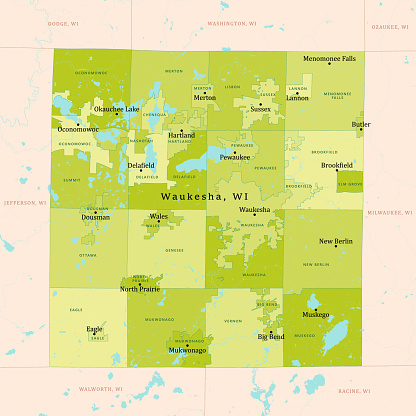 WI Waukesha County Vector Map Green. All source data is in the public domain. U.S. Census Bureau Census Tiger. Used Layers: areawater, linearwater, cousub, pointlm.