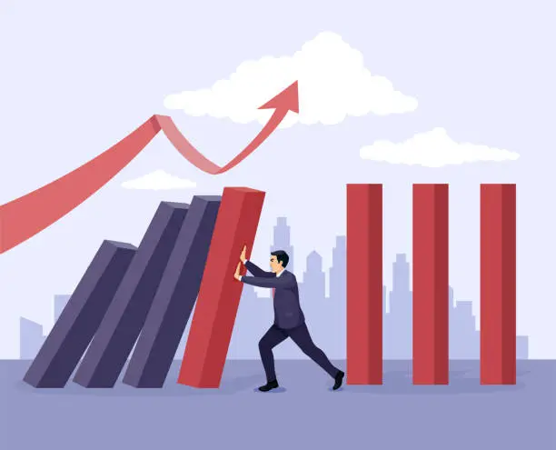 Vector illustration of Businessman stopping the domino effect