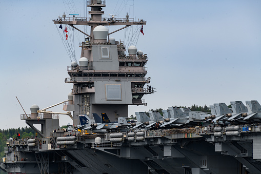 Kanagawa, Japan - June 01, 2022: United States Navy USS Abraham Lincoln (CVN-72), Nimitz-class aircraft carrier sailing in Tokyo bay.