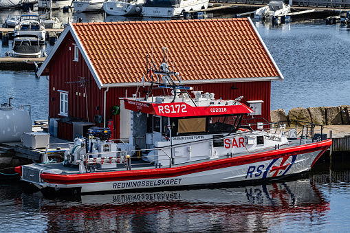 SAR Rescue boat RS172 Ragnar Stoud Platou docked in their home base in Skjærhalden, Norway