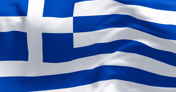 Close-up of national flag of Greece waving in the wind. Blue and white stripes with a blue canton bearing a white cross. 3d illustration render. Fluttering fabric