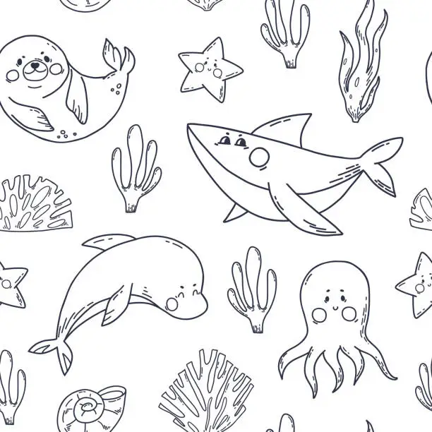 Vector illustration of Seamless Pattern with funny shark, seal, dolphin and octopus. Vector illustration on white background with sea animals