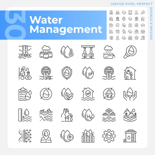 Water management linear icons set Water management linear icons set. Water industry. Groundwater. Water conservation. Customizable thin line symbols. Isolated vector outline illustrations. Editable stroke. Pixel perfect reservoir stock illustrations