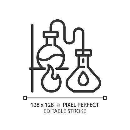 Distillation linear icon. Chemistry lab. Boiling flask. Chemical experiment. Separation process. Thin line illustration. Contour symbol. Vector outline drawing. Editable stroke. Pixel perfect