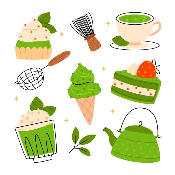 Vector illustration of Matcha set. Matcha tea, dessert, latte, strainer, cupcake, ice cream, teapot, leaves.