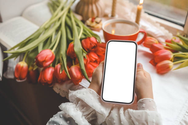 istock Phone with isolated screen on background of spring decor 2119572983