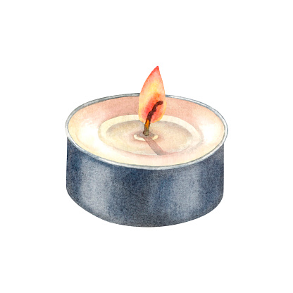 Mini-Sized Candles of white paraffin wax complete with an aluminum base and cotton wick with candle's gentle glow. Hand drawn watercolor illustration on isolated background. For promotional products.
