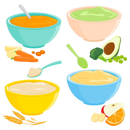 Bowls of baby and toddler food set and spoons. Cereal, fruit and vegetable puree with potato, avocado, broccoli, orange, carrot, apple and banana. Kids feeding products. Vector illustration collection