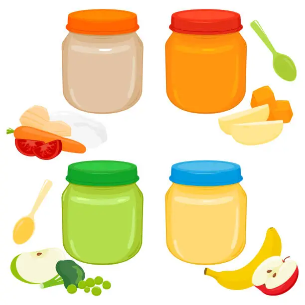 Vector illustration of Baby and toddler food set in jars. Meat, fruit and vegetable puree. Vector illustration collection