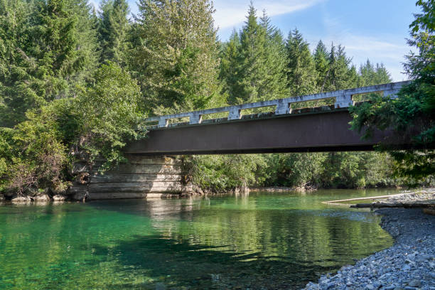 istock A remote single lane logging road bridge and its reflection in the bright green waters under it. 2119641286