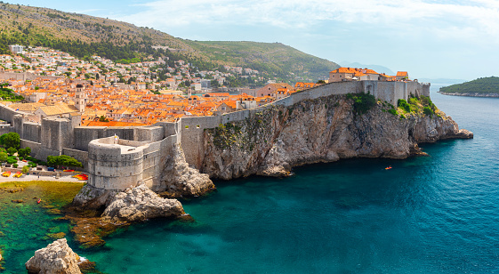 Panoramic view of Dubrovnik Old town on Adriatic sea, Dalmatia, Croatia. Medieval fortress on the sea coast. Popular travel destination. Summer vacation background.