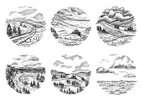 Landscape vector sketches. Hand drawn illustration with painted by black inks on isolated background. Engraving nature. Monochrome drawing forest, sky, mountains, hills in line art and doodle style