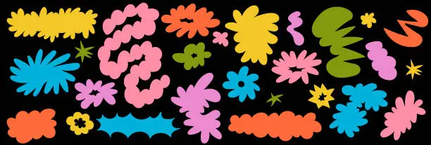 Vector illustration of Groovy playful organic shape. Funky abstract cloud and stars. Abstract doodle flowers figure on black background. Sticker pack in trendy retro 90s 00s style.