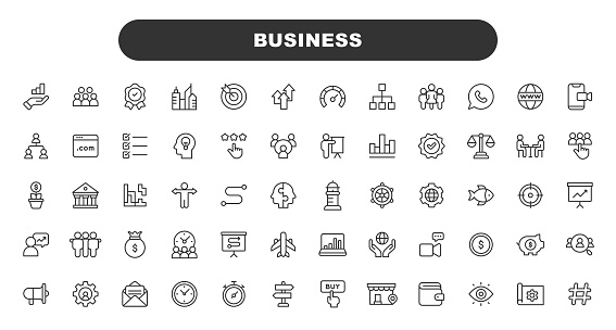 Business Line Icons. Editable Stroke. Contains such icons as Office, Work, Vision, Management, Strategy, Coffee, Money, Finance, People, Teamwork, Team, Profit, Chart and Diagram, Marketing, Advertising, Technology.