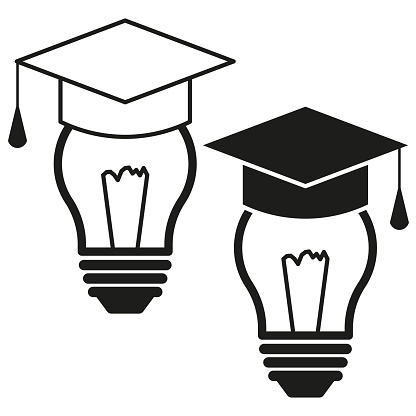 Light bulb with graduation cap. Education idea concept. Knowledge and creativity symbol. Academic success metaphor. Vector illustration. EPS 10. Stock image.