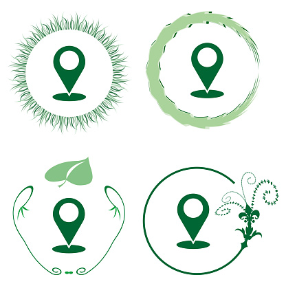 Set of nature-inspired location icons. Green map pointers with organic textures. Eco-friendly navigation symbols. Vector illustration. EPS 10. Stock image.