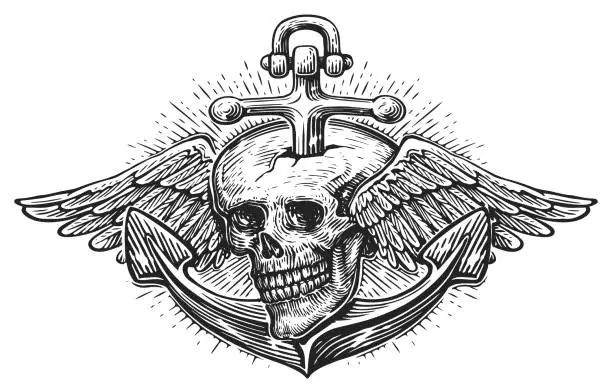 Vector illustration of Anchor and human skull with wings, sketch engraving style. Symbol of freedom, seafaring. Vintage vector illustration