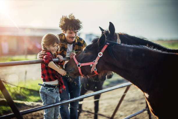istock dad and his daughter spend time on their ranch and play with horses 2119732848