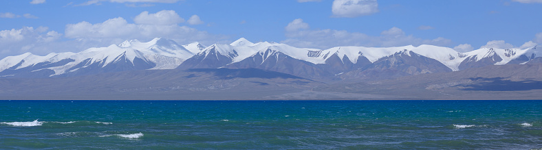 Panorama view of snow mountains and glacier lake under blue sky in tibet,China