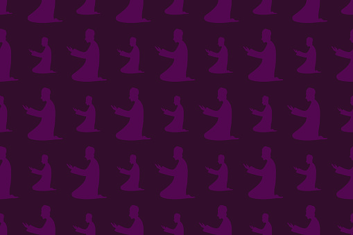 Profile of a praying man. Seamless vector pattern. Endless ornament for Ramadan. Isolated burgundy background. A man in a Muslim long shirt and skullcap is kneeling and raising his palms up. Idea for web design.