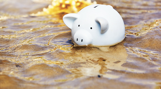 Piggy bank submerged by seawater at the coast.