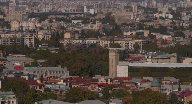 Tbilisi, Georgia. Aerial View On Georgian Capital Skyline Cityscape. Soviet Era Reliefs At Nikoloz Baratashvili St, Tbilisi. Art Bas-relief Created In Soviet Union