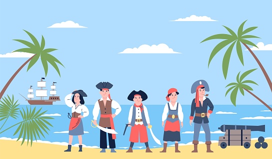 Children pirates. Little conquerors of the seas stand on ocean coast. Funny kids wear pirate costumes and hats. Game or adventures recent vector scene of coast ocean background illustration