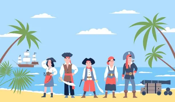 Vector illustration of Children pirates. Little conquerors of the seas stand on ocean coast. Funny kids wear pirate costumes and hats. Game or adventures recent vector scene