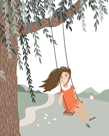 Happy smiling girl with flying in the wind hair on a rope swing above countryside landscape. Swing on the willow tree. Vector isolated cartoon illustration.