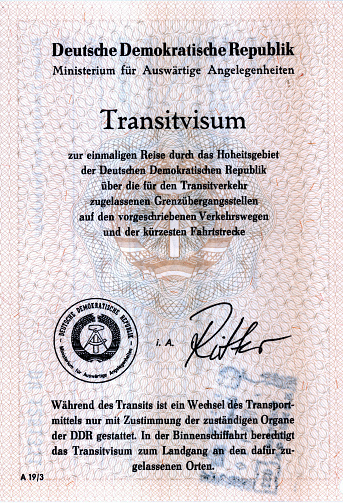 Transit visa from the German Democratic Republic for a one-time trip through East Germany on the prescribed transit routes - GDR.