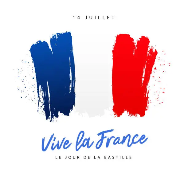 Vector illustration of Stylish lettering - Viva France, Bastille Day, July 14 - inscription in French. Hand-drawn flag of France.