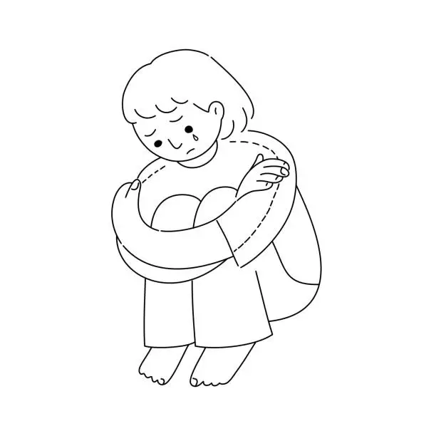 Vector illustration of Sad child girl hugging knees and crying in the dark at the window.