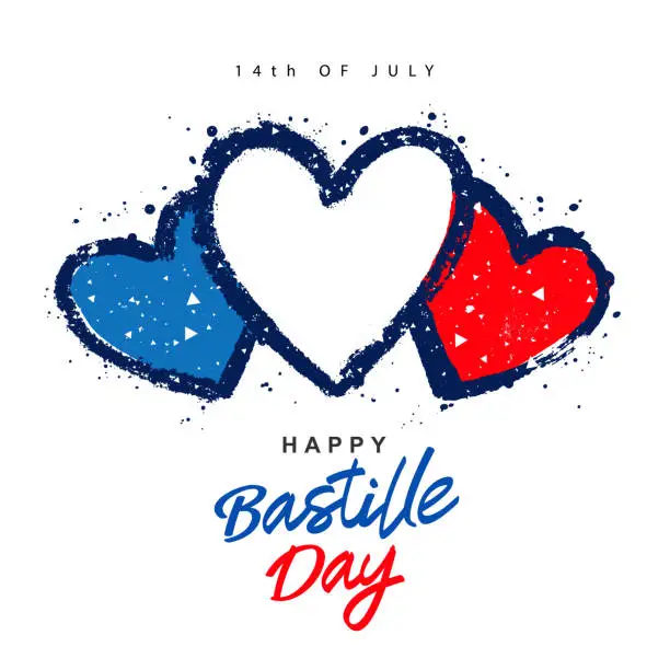 Vector illustration of French flag in the form of three hearts in blue, white and red. July 14th. Happy Bastille Day. Vector illustration