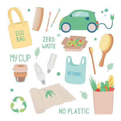 Vector set of objects on the topic of ecology, zero waste durable and reusable items or products. Eco bags, craft packaging, comb, toothbrush, natural hygiene products and other. Flat vector illustration.