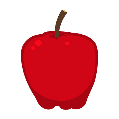 Red apple isolated on a white background. Colored icon, flat style. Ribbed, lobed apple shape. Vector Illustration. Abstract image of apple variety Red Delicious.