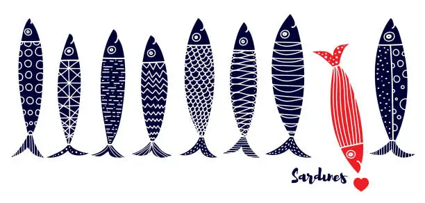 Vector illustration of Lovely sardines. Interior poster with blue fish.